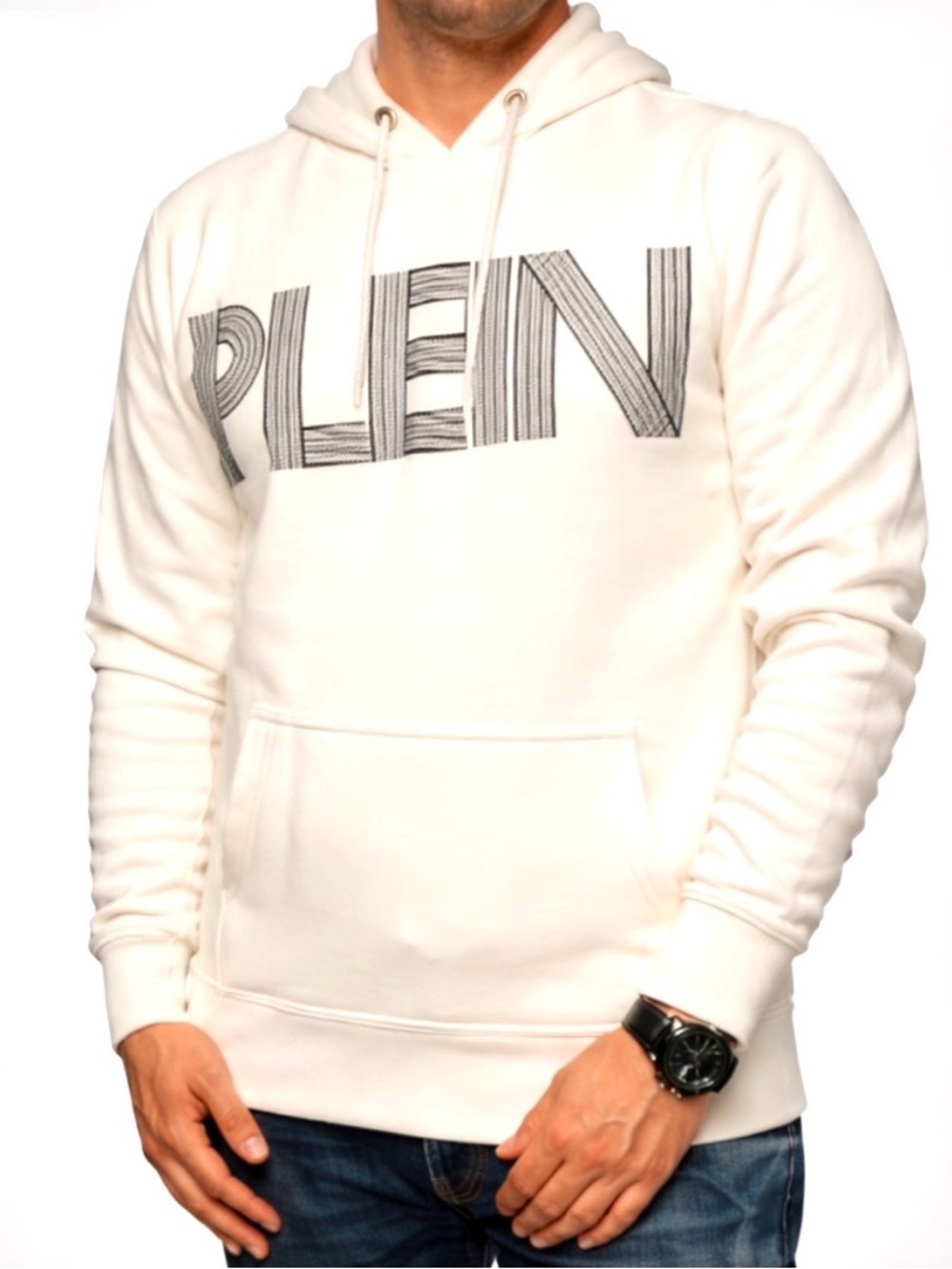 Philipp Plein White Logo Hoodie Raised Print Cotton Men’s L Luxury Streetwear